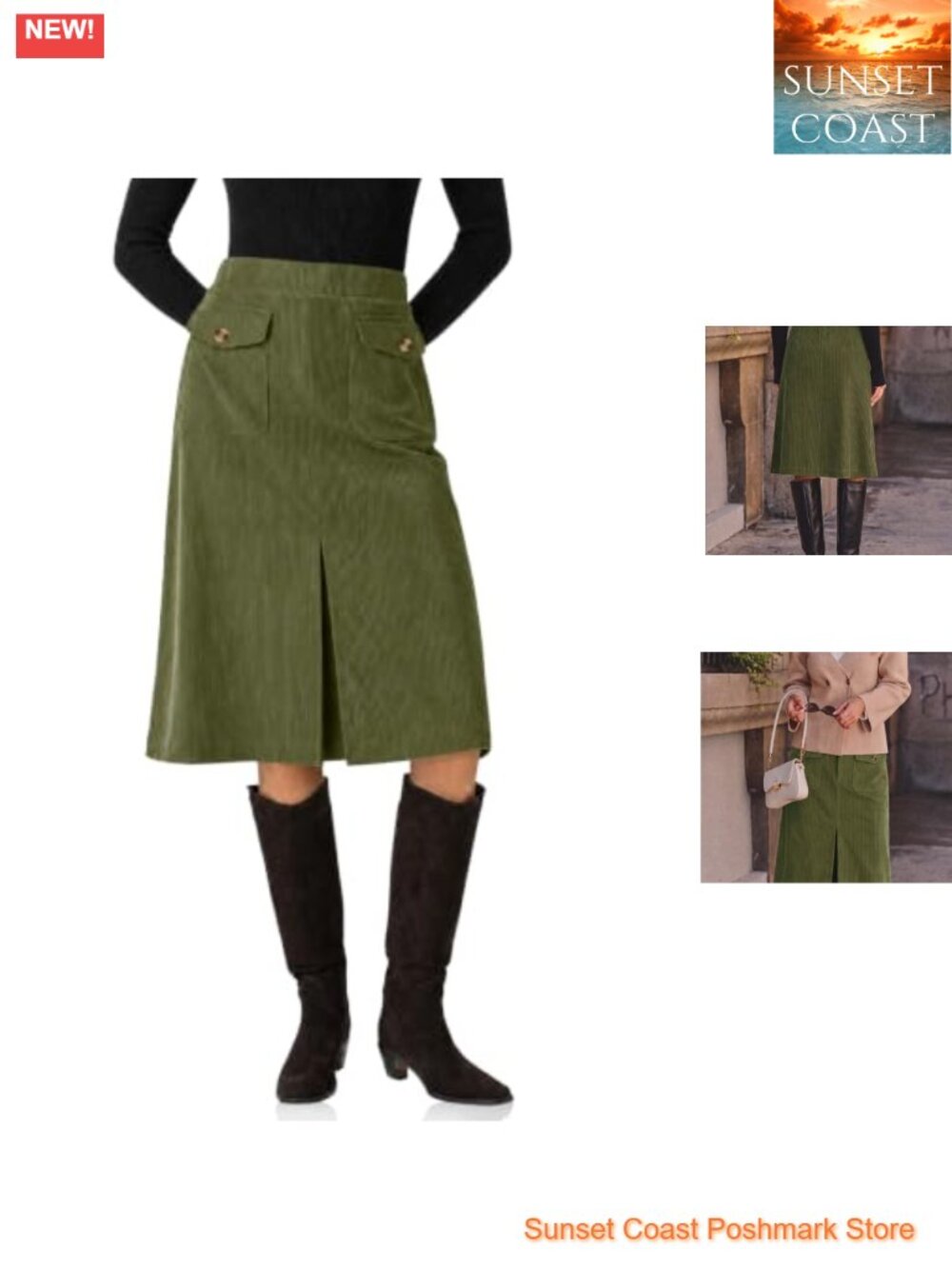 Corduroy Midi Skirt High Rise A-Line Front Slit Fall Casual